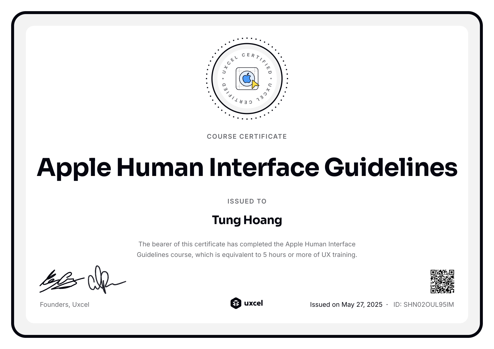 Tung Hoang's certificate